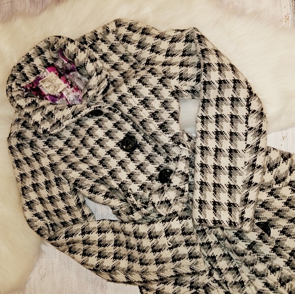 Tulle Jackets & Blazers - TULLE WOOL BLEND BELTED B&W HOUNDSTOOTH COAT M